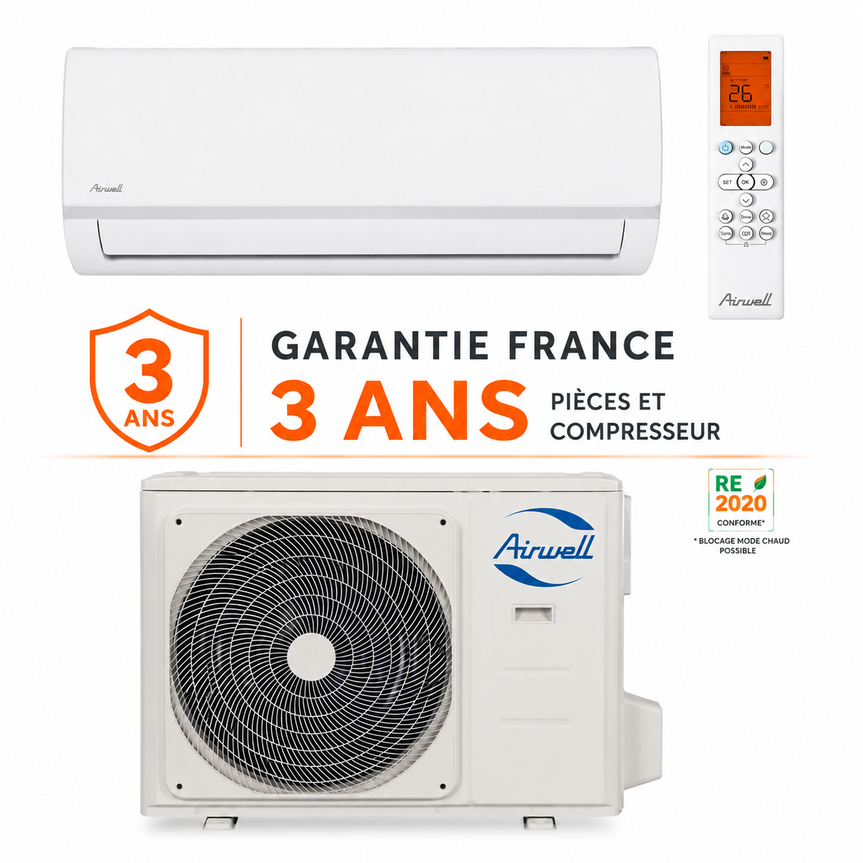 AIRWELL Mono-split série HDLA Aura (bloquage mode chaud RE 2020) 3,8 kw ...